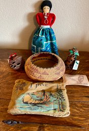 Antique Native American Souvenir Pine Needle Pillow, Benksia Cone Ornaments, Wood Carved Duck, Basket