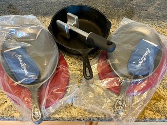 (2) NIP Beau Rivage Fajita Skillets, Antique No. 5 Cast Iron Skillet, And Meat Tenderizer