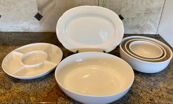 White Stoneware Serving Lot - Pfaltzgraff Tray, Better Homes Divided Dish, Threshold Bowl, G5413 Stacking Bowl