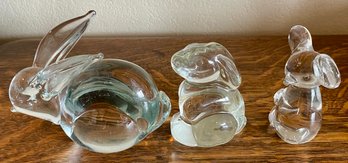 Clear Art Glass Bunnies And Mouse