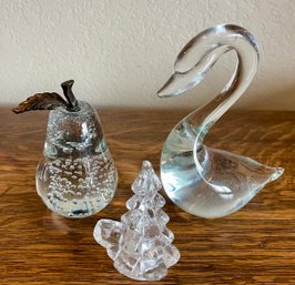 Controlled Bubble Glass Pear, Art Glass Swan, And Tree Candle Holder