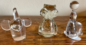 Art Glass Seal, Controlled Bubble Owl, And Elephant