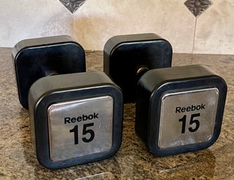 Pair Of Reebok 15 Pound Square Dumbbells With Chrome Ends