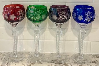 Set Of 4 8.25' Antique Czech Cut To Clear Bohemian Art Glass Goblets