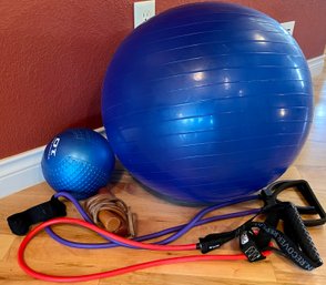 Small Exercize Lot - Fitness Gear 10 Pound Medicine Ball, Bands, Jump Rope, And Exercise Ball