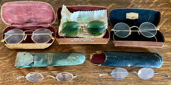 (5) Pairs Of Antique Gold Filled Rim Glasses With Original Cases - CW Wadsworth, Benson, Denver Lens, And More