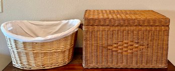 (2) Wicker Baskets - (1) Lidded With Wood Insert And Leather Handles, (1) With Material Lining