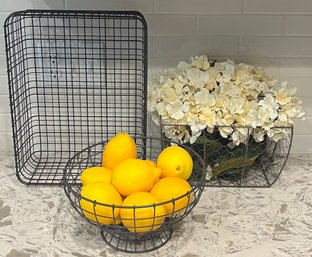 3 Decorative Metal Wire Basket With Faux Lemons And Flowers
