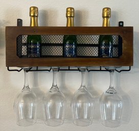 Decorative Wall Hanging Wine Bottle And Glass Rack With 4 8.5' Wine Glasses