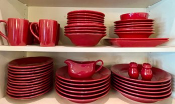 Collection Of Assorted Red Dinnerware - Pier 1 Import Bowls, Home Stoneware, And Holiday Classic Tidings