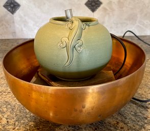 Copper Bowl Fountain With A Pottery Gecko Top