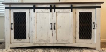 International Furniture Direct White Rustic Sliding Barn Door Media Stand  With 2 Wire Front Doors