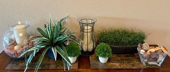 Home Decor Lot - Faux Greenery, Candle Holders, And More