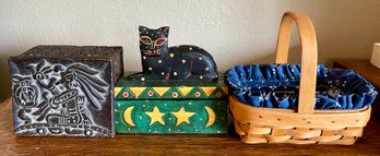 Painted Wood Cat Box, Longaberger Basket With Liner, Guatemala Carved Wood Box
