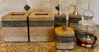 Set Of Positano Tissue Cover Boxes, Lotion And Soap Dispensers, Covered Dish, And Glass Apothecary Jar