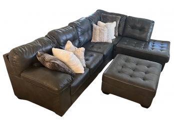 Ashley Furniture 3 Piece Faux Leather Sectional With Chaise, Pillows, And Ottoman