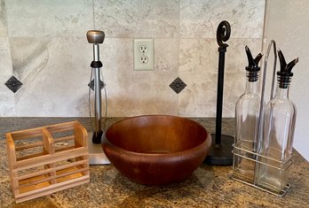 Kitchen Lot - Thomas O'brien Rubberwood Bowl, Paper Towel Holders, Oil And Vinegar Set