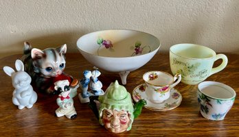 Hand Painted Nippon Bowl, Kitty Figurine, Colby Kansas Custard Mug, Artone England Mini Tea Pot, And More