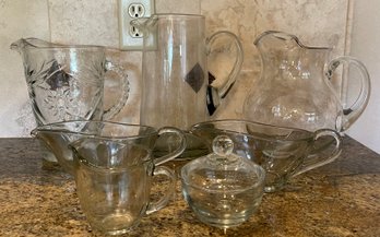 (3) Clear Glass Pitcher And Anchor Hocking Cream Sugar, (2) Gravy Boats