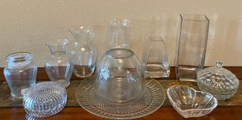 Clear Glass And Crystal Lot - Vases, Covered Dishes, Art Glass Bowl, And More