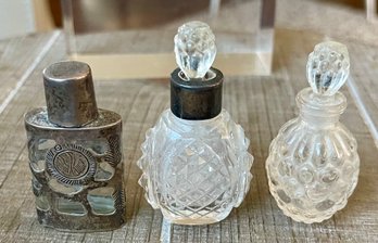 3 Antique Crystal Snuff And Scent Bottles - Gorham - Mexico With Silver Overlay - Crystal Stoppers