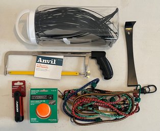 Tool Lot - New Husky Sae Hex Key Set, Anvil Hacksaw, Everbilt Parking Guide, Zip Ties, And Bungie Cables