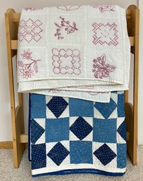 2 Vintage Quilts - 1 Blue Machine Stitched And 1 Red White Characters Hand Stitched