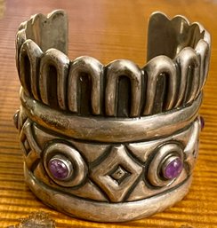 Vintage Mexico Sterling Silver & Amethyst Large Cuff Bracelet - Total Weight 64.7 Grams