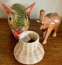 Tohono O'odham Papago Signed Basket, Carved Wood Elephant, Panama Paper Mache Mask