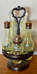 Rare Antique Victorian Uranium Glass 5 Bottle Cruet Castor Set With Silver Plate Stand
