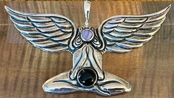 Sterling Silver Winged Isis Pendant With Onyx And Charoite - Total Weight 21.2 Grams