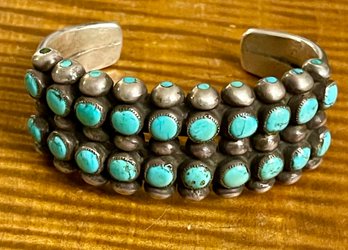 Old Pawn Snake Eye Turquoise Double Row Heavy Stamped Bracelet Etched P L -  Total Weight 97.4 Grams