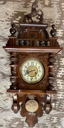 Antique German Clock With A Ceramic Gypsum Horse Top With Key