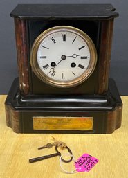 Antique French Empire Mantle Clock Slate 1867 Brass Plate Inscription 1867 England B (borcot?) W Key (as Is)