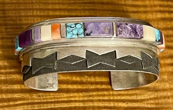 Exceptional Vernon A Begaye Heavy Cuff Multi Stone Bracelet, Sugilite - Turquoise - Coral - Weight 96.7 Grams