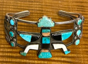 Navajo Early 1900's Multi Stone Kachina Dancer Cuff Bracelet - Turquoise - Coral - Onyx - Weight 34.6 Grams