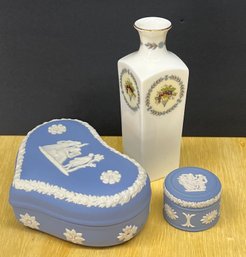 (3) Vintage Pieces Of Wedgwood - Blue Jasper, Round, And Heart Lidded Dishes, With Appledoor Vase