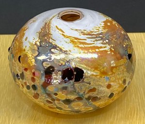 Vintage Hand Made Multi Color Small Cased Art Glass Vase By Barbara Saull