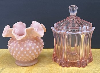 (2) Vintage Fenton Pieces - Vulcan Candy Dish With Lid And Pink Hobnail Vase