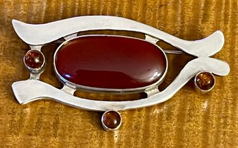 Sterling Silver Pin With Carnelian & Amber - Total Weight 17.6 Grams