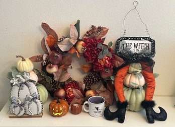 Fall And Halloween Decor - Wreath, Foam Stacked, Pumpkins, Which Mug And Sign, Lighted Pumpkin And More