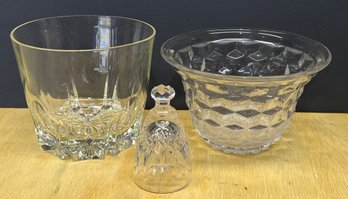 Vintage Fostoria Bowl With Waterford Crystal Bell And Clear Cut Glass Bowl