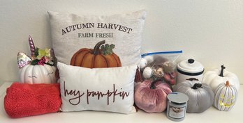 Fall Decor - Pillows, Throw Blanket, Cannister, And Faux Pumpkins