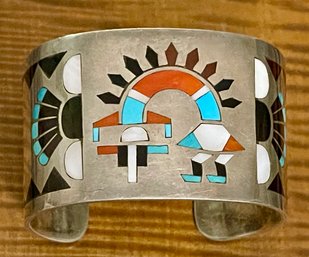 F L Natachu Zuni Sterling Silver Inlay Cuff Bracelet - Coral - Turquoise - MOP - Onyx - Weight 82.5 Grams