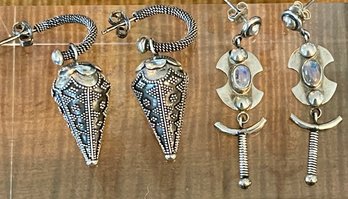 2 Pairs Sterling Silver Earrings (1) With Rainbow Moonstones - Total Weight 17.6 Grams
