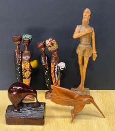 (5) Assorted Wood Carvings - Mozambique Artesania Espanola Kiwi And Hummingbird