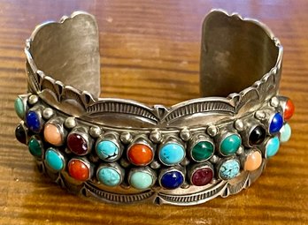Sterling Silver Native American Double Row Multi Stone Snake Eye Cuff Bracelet - Total Weight 55.8 Grams
