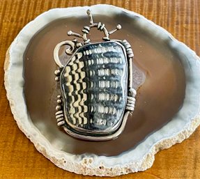 Sterling Silver Handmade Fossilized Clam Shell Pin Pendant