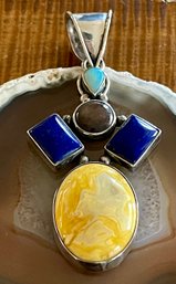 Lovely Sterling Silver Pendant Butterscotch Amber - Lapis -opal & Ruby - 24 Grams