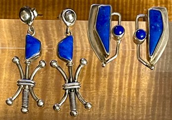 2 Pairs Of Sterling Silver & Blue Lapis Post Earrings - Total Weight 16.1 Grams